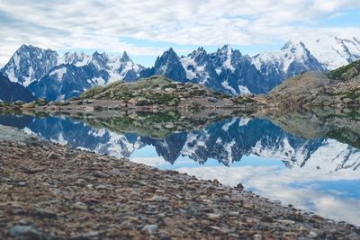 Scenic view of lake and mountains against sky