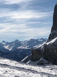 Scenic view of snowcapped mountains against sky