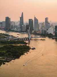 High angle view of city buildings during sunset