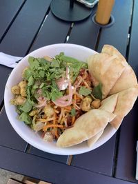 High angle view of food in plate on table