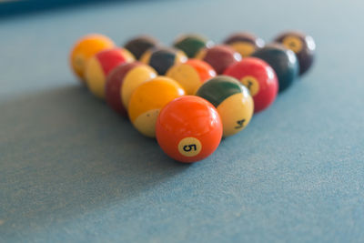 Close-up of multi colored set billiard balls 