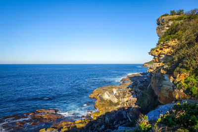 Scenic view of sea against clear blue sky