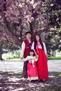 Korean family in national costumes in nature stands next to a cherry blossoming tree.