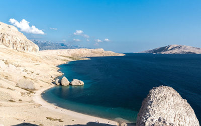 Panoramic view of sea and mountains against sky