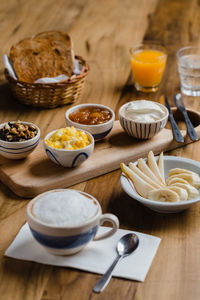 High angle view of breakfast served on table