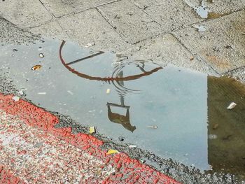 High angle view of wet puddle on street