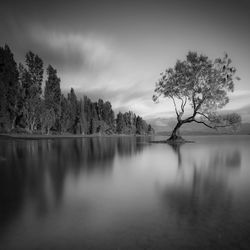 Scenic view of lake against cloudy sky