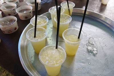 High angle view of drink on table