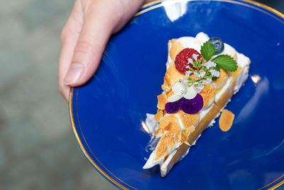 High angle view of hand holding dessert in plate