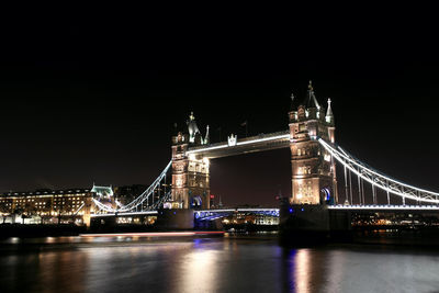 Suspension bridge over river at night