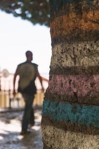 Rear view of man standing by tree against sky