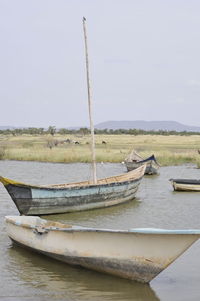 Boat moored at shore against sky