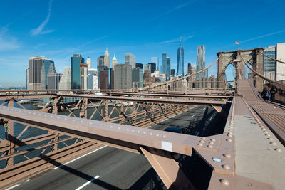 View of bridge and buildings against blue sky