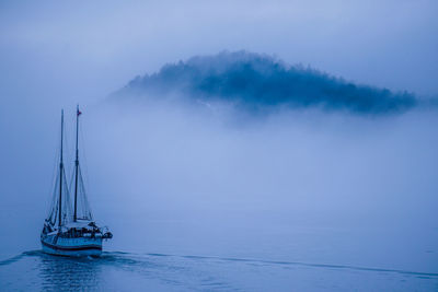 Sailboat sailing in sea against sky