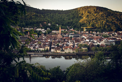 High angle view of townscape and trees in town