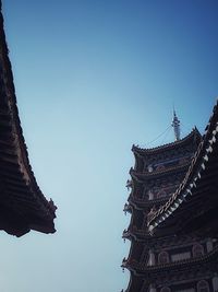Low angle view of temple against clear blue sky