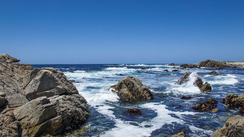 Scenic view of sea against clear blue sky