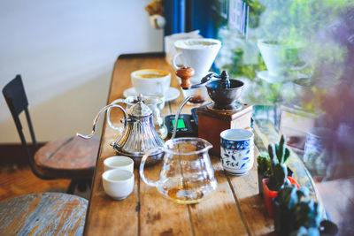 High angle view of crockery on table