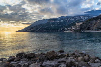 Sunset in maiori, a a popular resort town on the amalfi coast, campania, italy