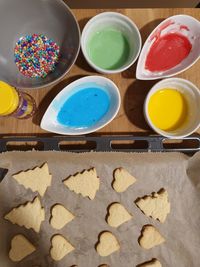 High angle view of cookies on table