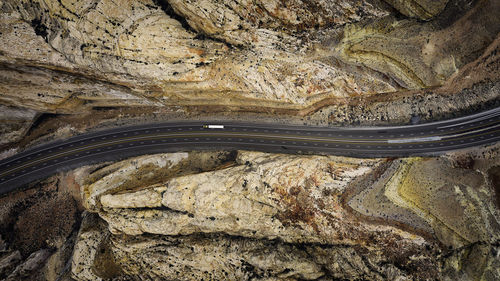 High angle view of road amidst rock formations