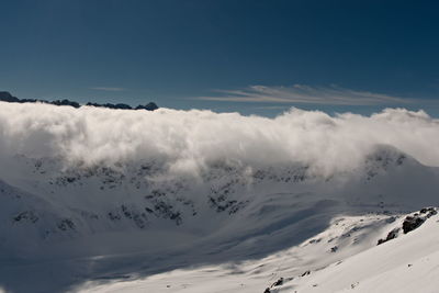 Scenic view of snow covered mountains against sky