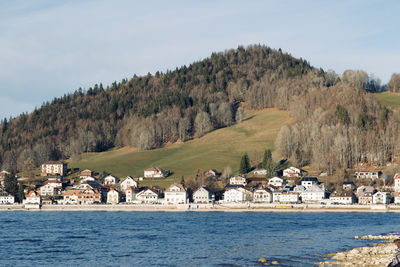 Scenic view of lake by building against sky