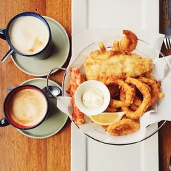 High angle view of breakfast on table