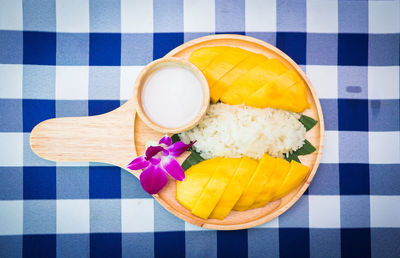 High angle view of breakfast on table