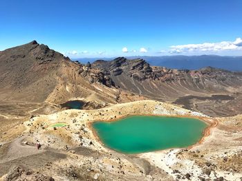 Panoramic view of emerald lakes and mountains against blue sky