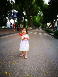 Girl holding toy standing on road