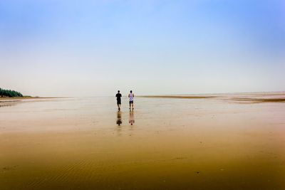 People on beach against clear sky