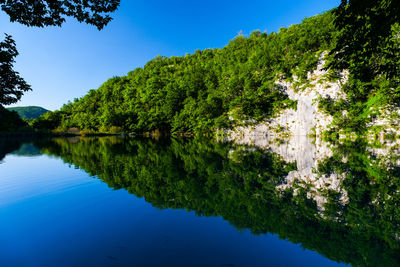 Scenic view of lake by trees against clear blue sky