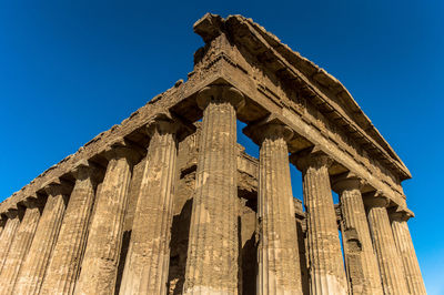 Low angle view of temple against clear blue sky