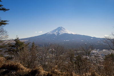 Scenic view of snowcapped fuji mountains against sky