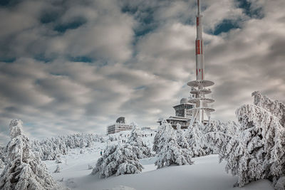 Snow covered land and trees against sky