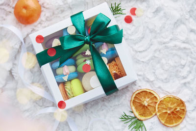 High angle view of christmas decorations on table