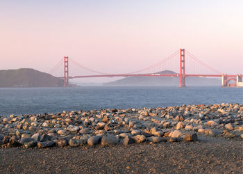 View of golden gate bridge suspension bridge over sea