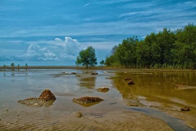 Scenic view of sea against cloudy sky