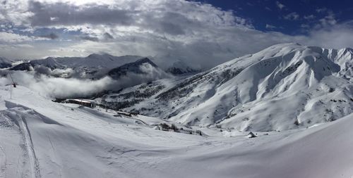 Scenic view of snow covered mountains against sky