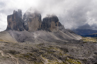 Scenic view of rock formations against cloudy sky