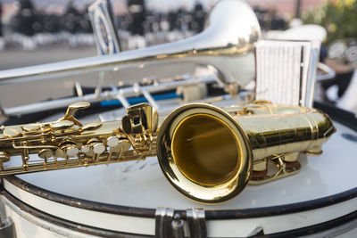 Close-up of saxophone on drum