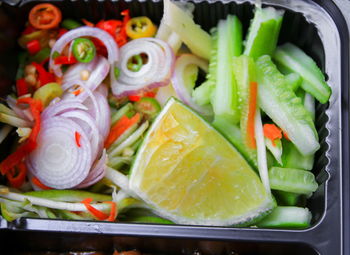 Close-up of chopped vegetables in container