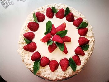 High angle view of strawberries in plate