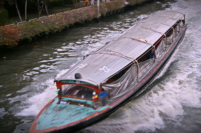 High angle view of boat moored on river