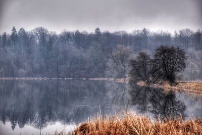 Scenic view of lake against sky during winter