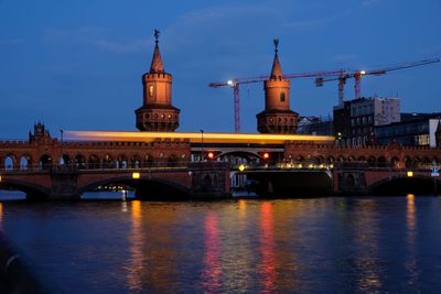 Bridge over river at dusk