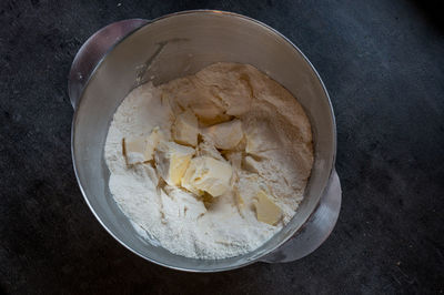 Directly above shot of butter and flour in bowl