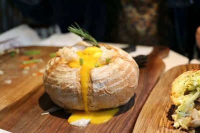 Close-up of bread on cutting board