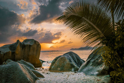 Rocks on sea shore against sky during sunset, seychelles tropical island 